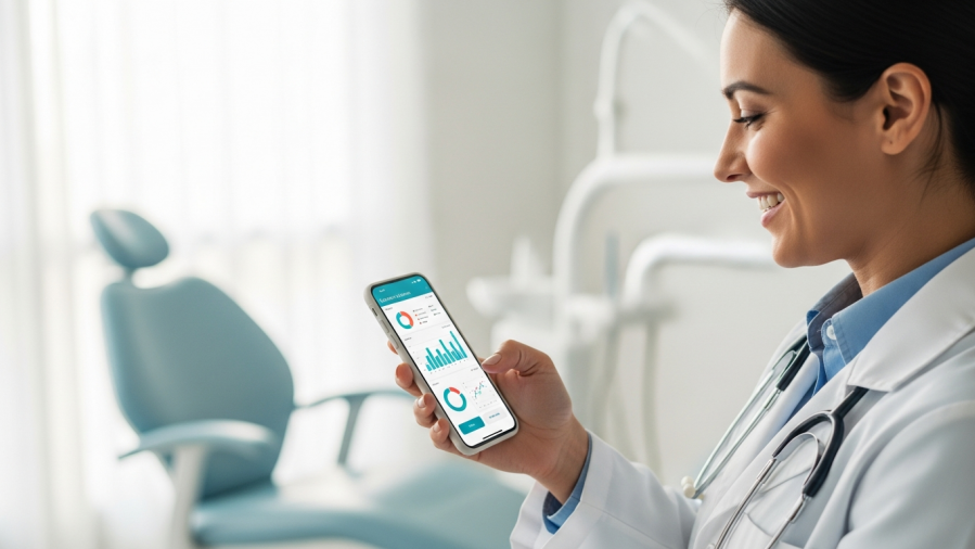 Orthodontist reviewing social media marketing analytics on smartphone for patient engagement.