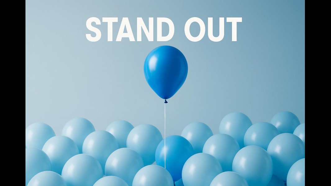 Striking blue balloon stands out among white balloons, symbolizing unique value proposition.