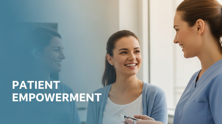 Confident patient and dental professional engaging in supportive conversation, promoting patient engagement.