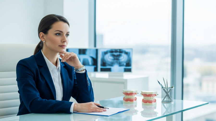 Concerned CEO addresses the oral health crisis amid Medicaid cuts in modern office.