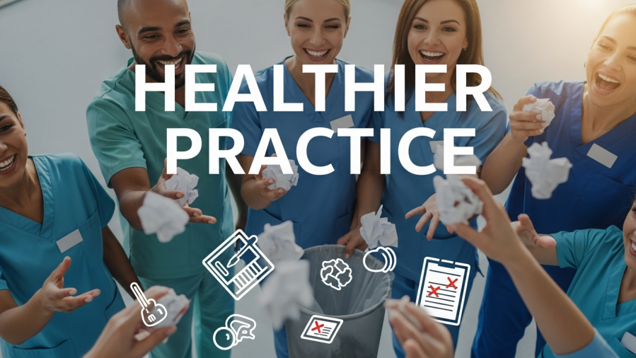 Dental team smiling, discarding old habits for a healthy workplace culture.