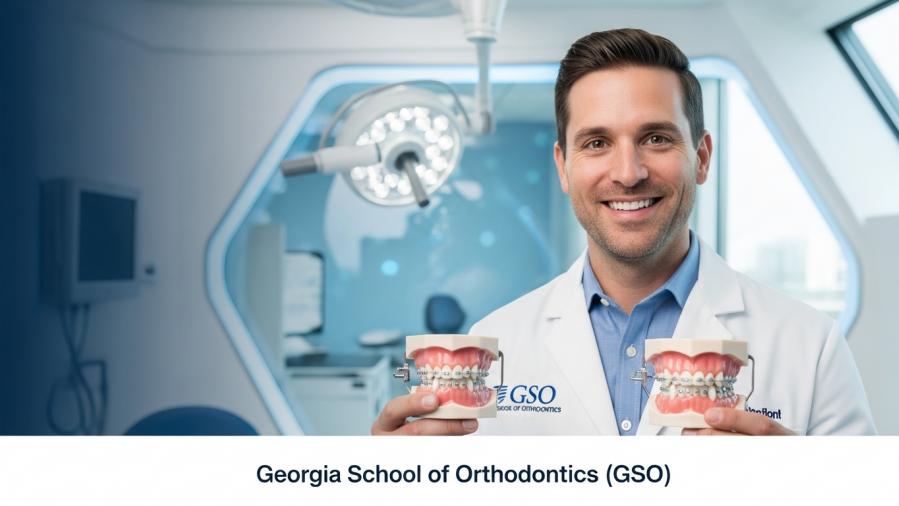 Confident orthodontist showcasing braces models in a modern treatment area, symbolizing innovation in orthodontics.