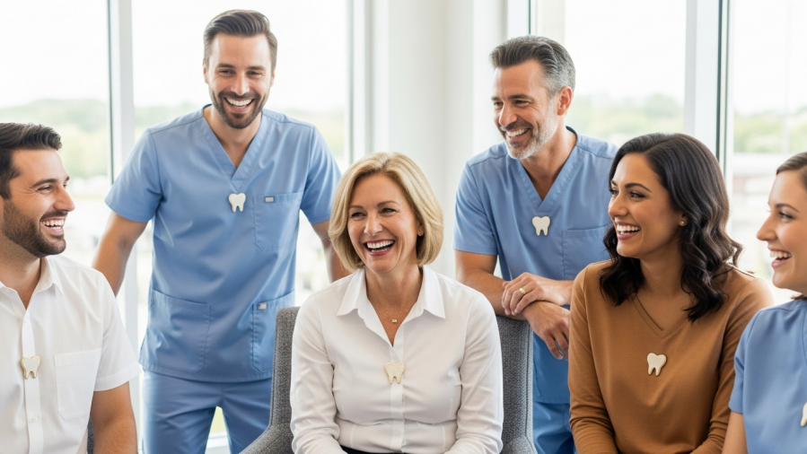 Diverse dental professionals embodying community engagement in dentistry, smiling in a modern lounge.