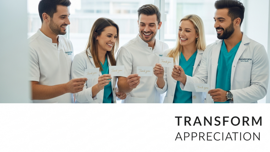 Dental team recognition in a modern clinic, celebrating with thank-you cards.