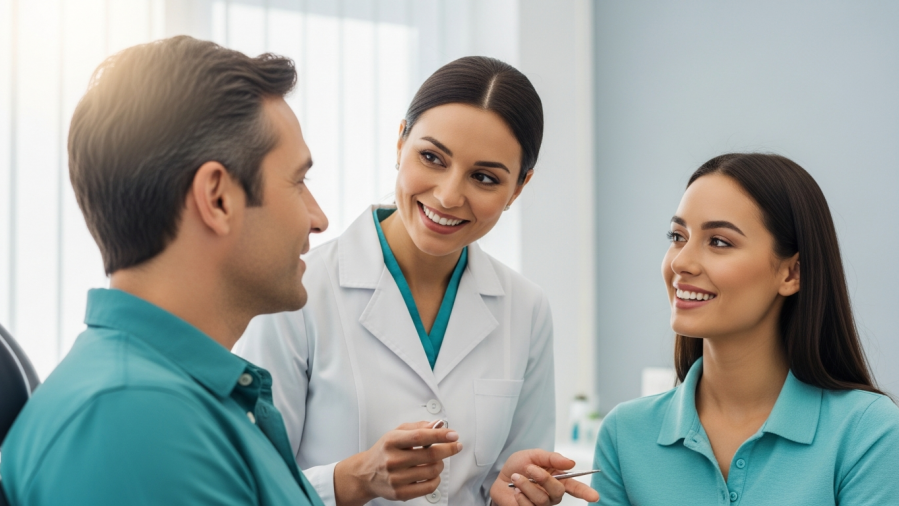 Confident patients and smiling dentist showcasing positive dental care at a community health center.