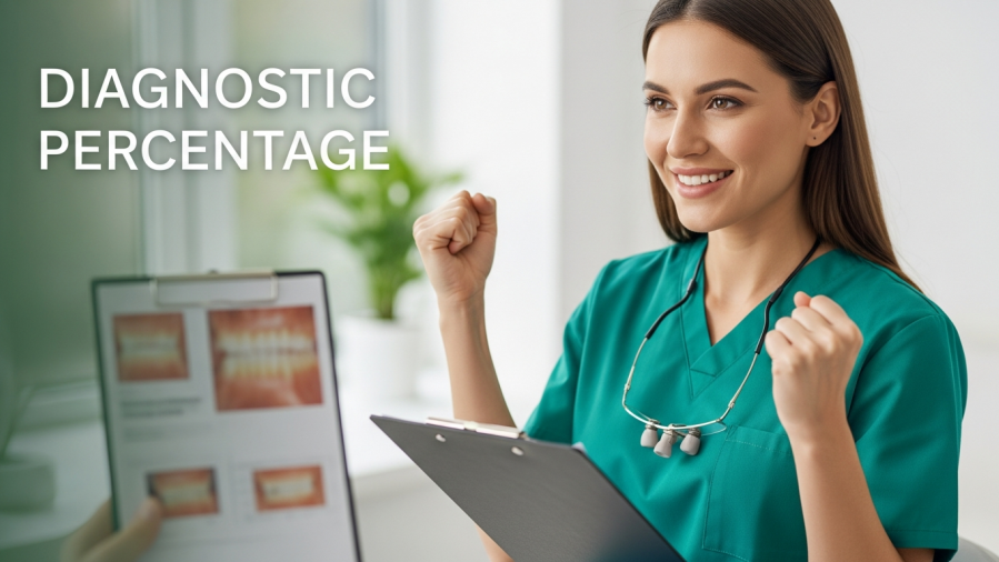 Confident dentist celebrating positive dental diagnostic results with clipboard.