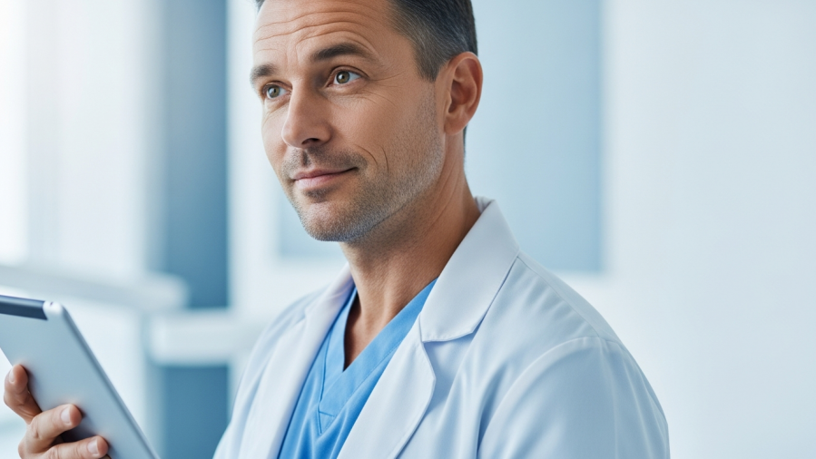 Confident dentist reviewing GBP compliance strategies on a tablet in a clinic.