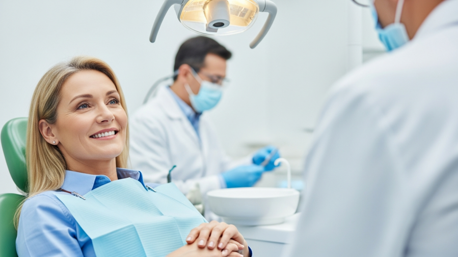 Smiling woman relaxed in dental chair, embodying dental anxiety solutions.