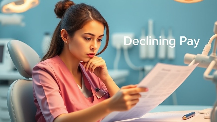 Dental assistant reviewing charts with concern, reflecting on declining pay trends.