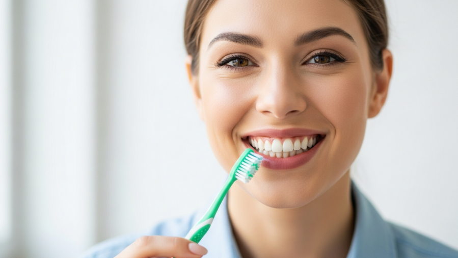 Confident young woman smiling with bright teeth, promoting oral health tips.