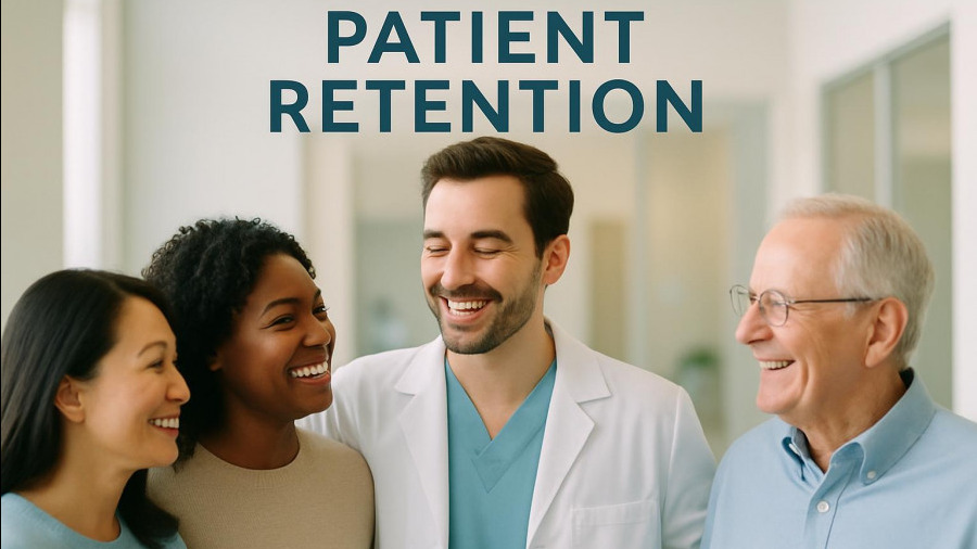 Smiling dentist with diverse patients: patient retention strategies in action.