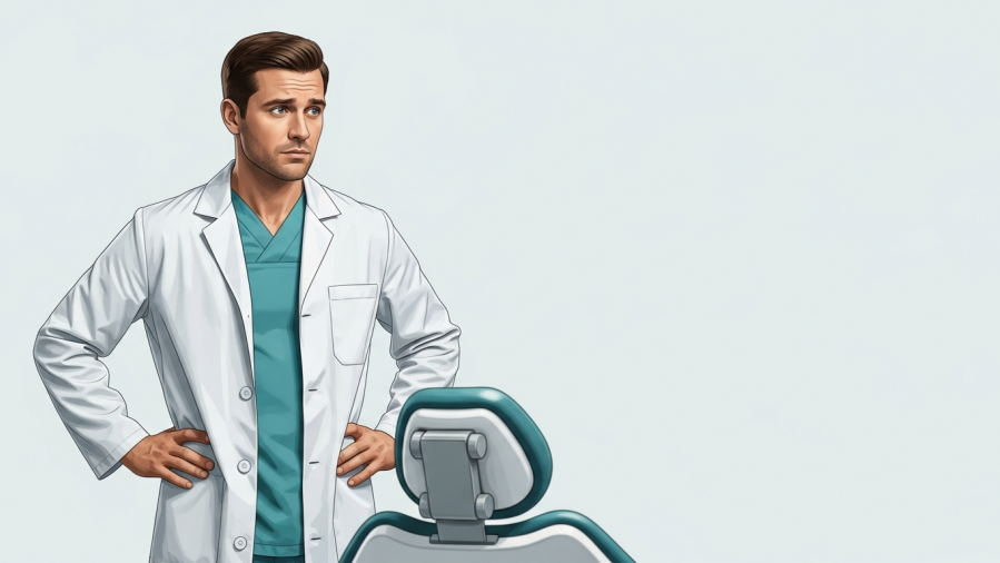 Dentist reflecting on patient satisfaction in an empty dental practice.