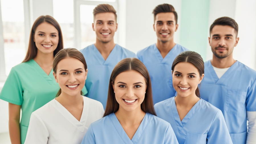 Young, confident dentists showcasing clinical excellence in dentistry in a bright clinic.