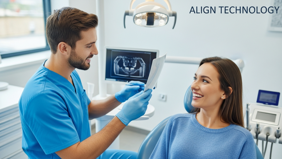 Confident dentist examines a dental scan with excited patient, showcasing clear aligner case growth.