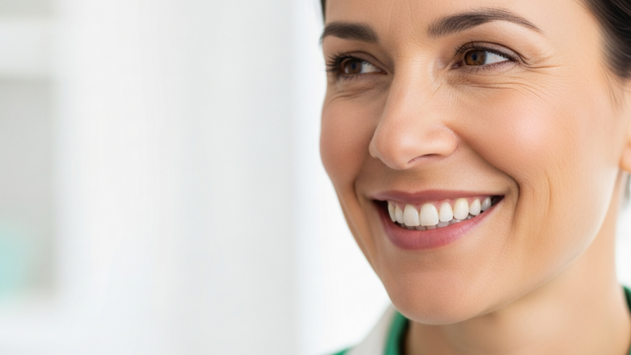 Confident adult smiling post-dental implants, showing healthy teeth and relief.