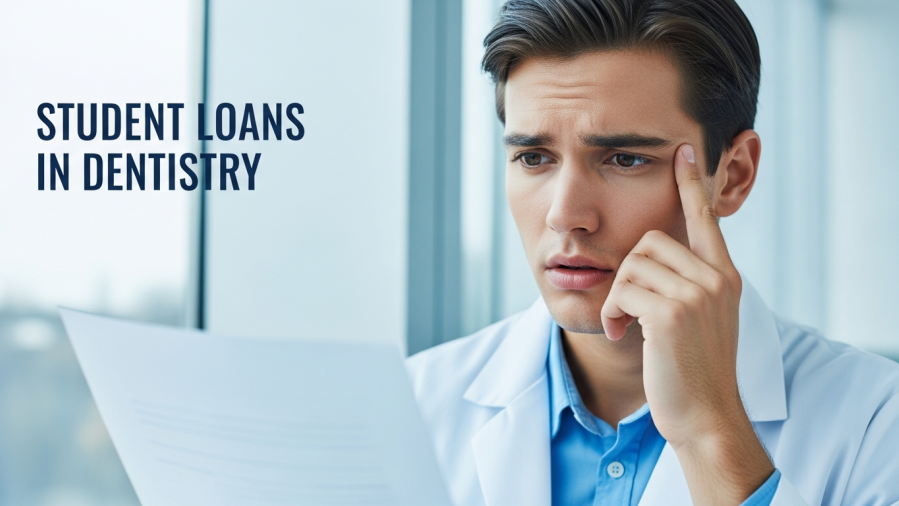 Dental student in white coat reviewing federal student loan programs paperwork, showing concern.