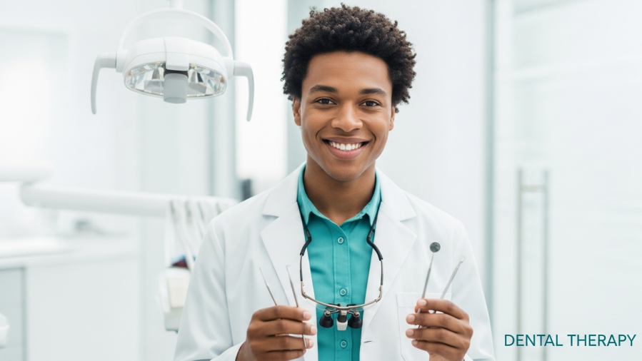 Confident dental therapist from Pacific University showcasing dental care tools in a modern clinic.