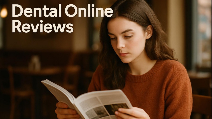 Focused young woman reading about dental online reviews, highlighting practice growth.
