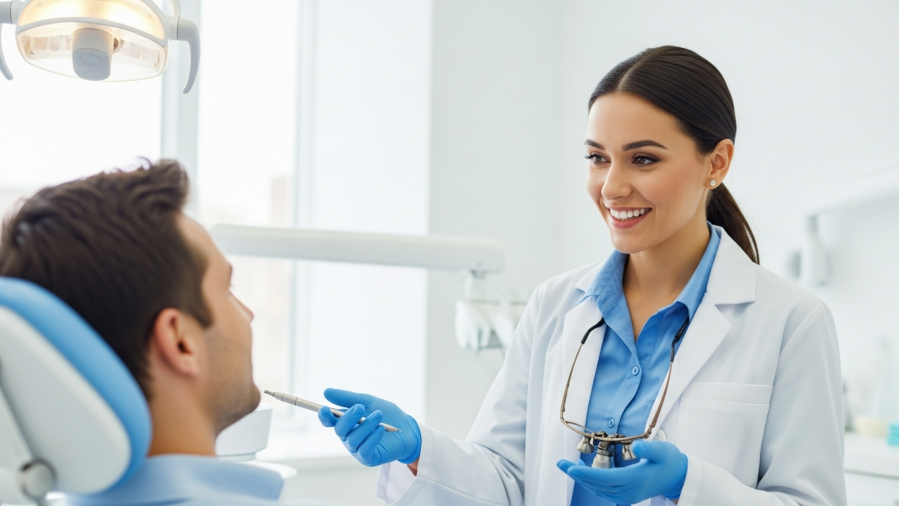 Smiling dentist engaging with a patient, showcasing trust and dental practice success.