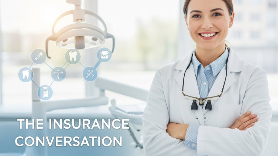 Confident dentist discussing out-of-network dental care in a bright clinic.