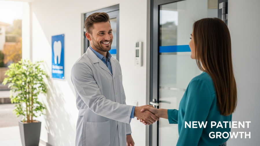 Confident dentist shakes hands with a new patient, showcasing patient acquisition success.