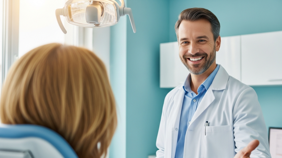 Smiling dentist in white coat engaging warmly with a patient, showcasing dental marketing strategies.
