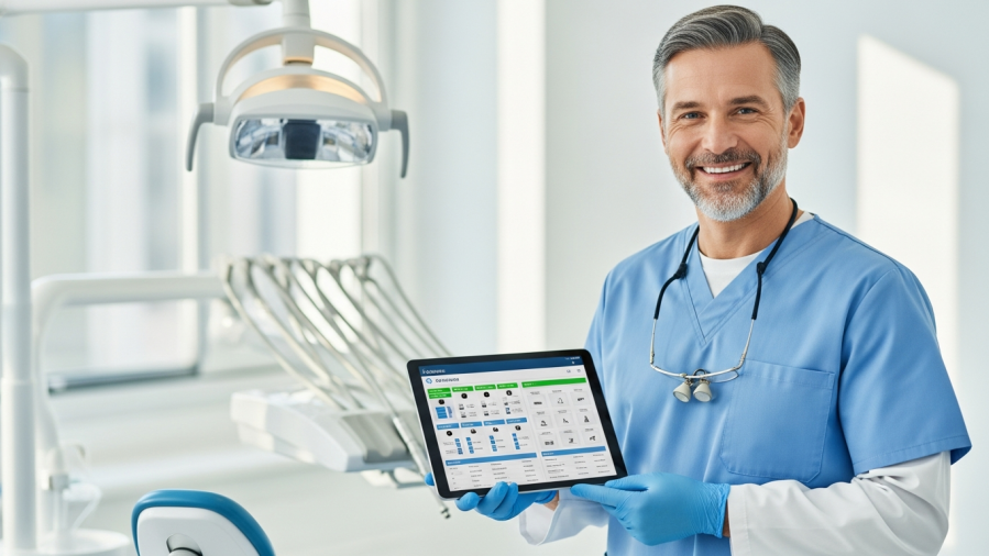 Modern dentist showcasing efficient dental procurement solutions with a digital tablet.