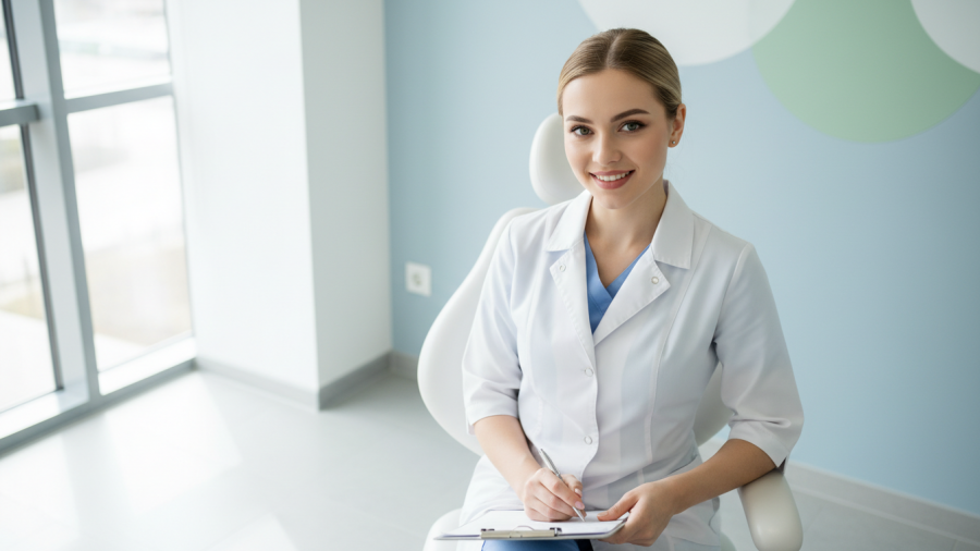 Smiling young dentist in white coat promotes patient retention and practice growth.