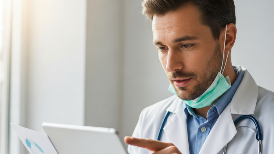 Thoughtful dentist reviewing marketing strategies for dentists in soft daylight.