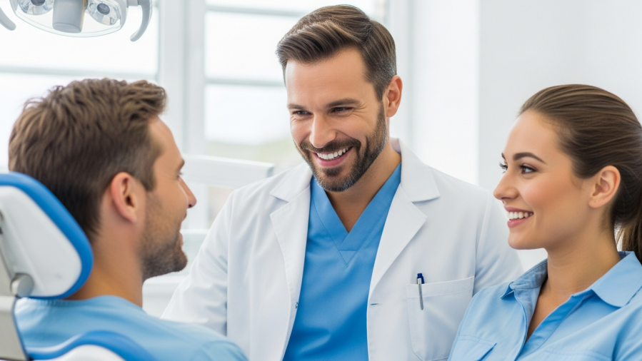 Confident dentist engaging warmly with a patient, showcasing emotional health for dentists.