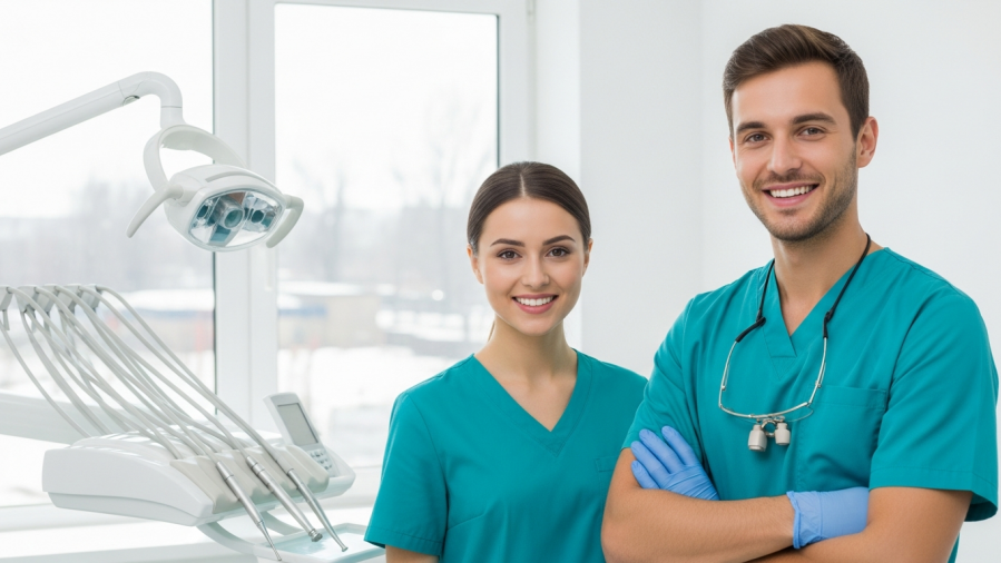 Confident young dentist and assistant in a modern tele-dentistry clinic.