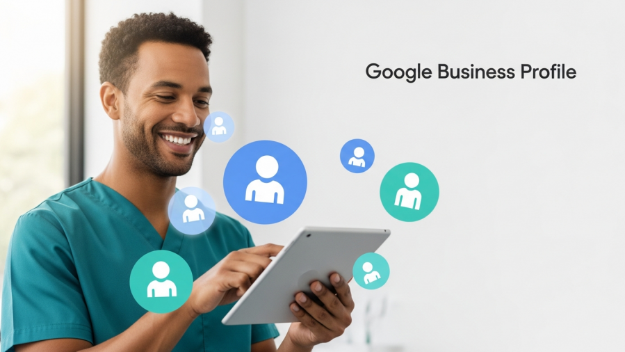 Confident dentist using a digital tablet, enhancing online visibility with Google Business Profile.