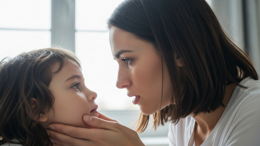 Concerned mother examining her child, highlighting the need for early dental intervention.
