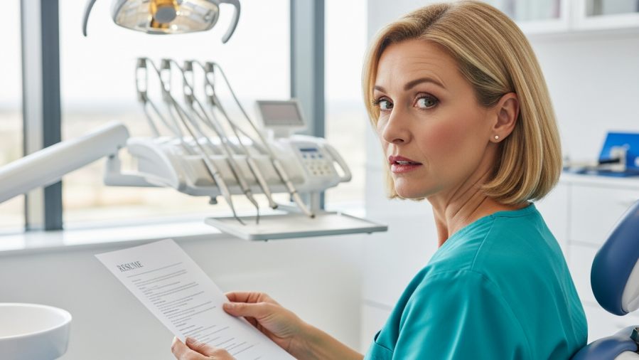 Concerned dental practice manager reviewing resumes, highlighting red flags in dental recruitment.
