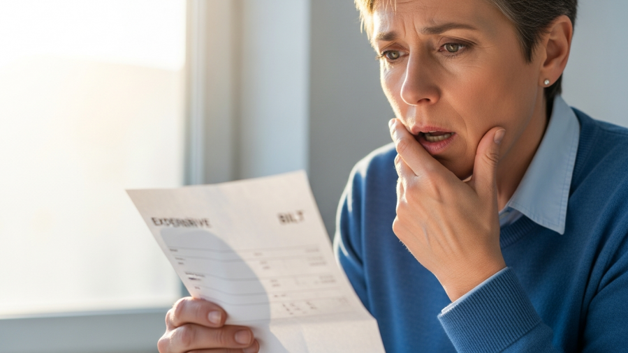 Concerned individual examining an expensive dental bill, highlighting oral health reform.