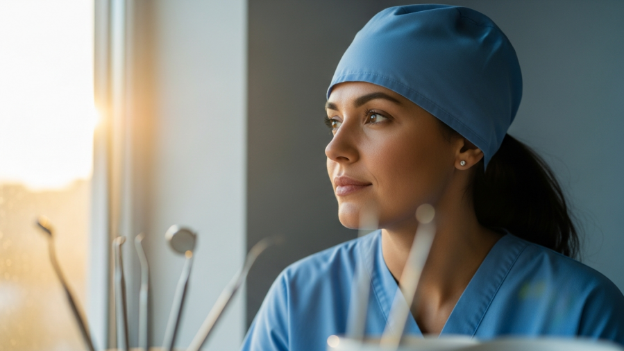 Confident dentist reflecting on emotional support in dentistry, illuminated by golden hour light.