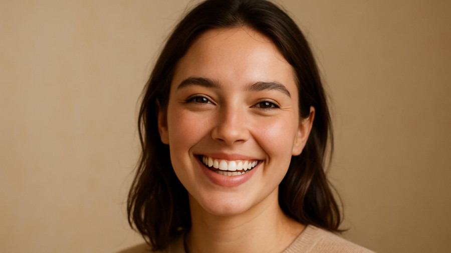 Confident young woman with bright white teeth, embodying effective teeth whitening.