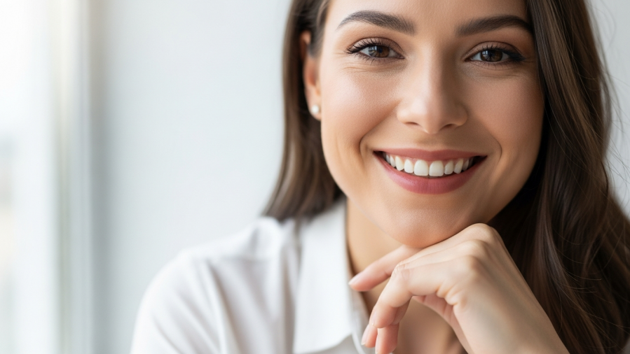 Confident young woman practicing positive self-talk, showcasing ease and assurance.