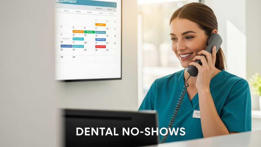Dental receptionist making appointment reminders call, enhancing patient communication.