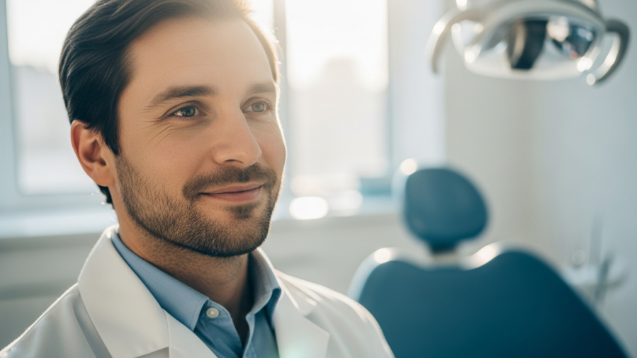 Confident dentist smiling with ease, embodying dental efficiency systems and patient care improvements.