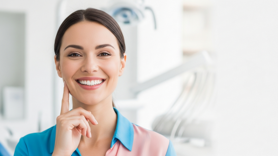Confident woman with perfect teeth showing oral hygiene tips for cosmetic dentistry.