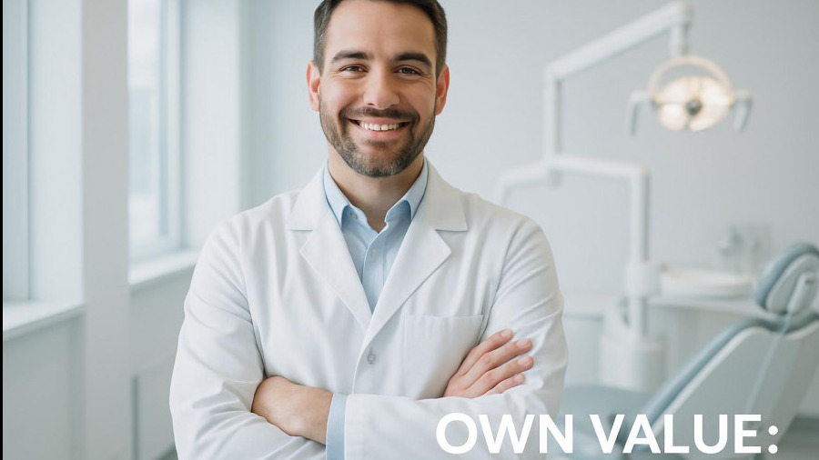 Confident dentist with arms folded in modern clinic, highlighting practice growth and patient trust.