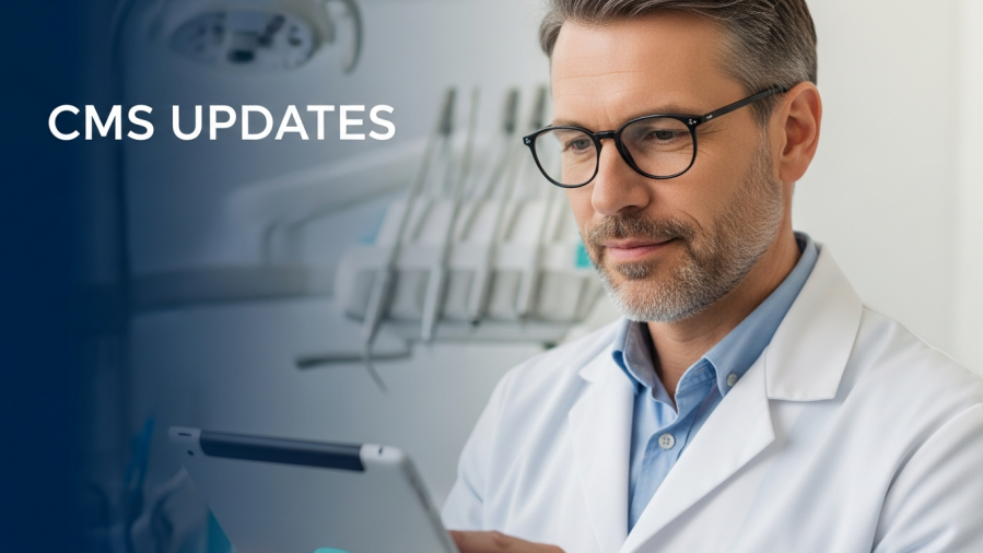 Thoughtful dentist analyzing oral health initiatives on a tablet in a clean, modern setting.