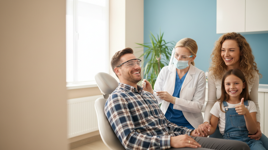 Smiling family at the dentist, showcasing trust and relief during dental crown recovery.