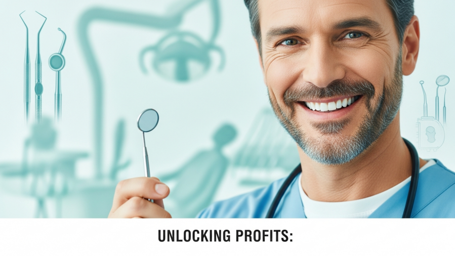 Confident dentist in scrubs with tools, embodying strategies for sustaining a dental practice.