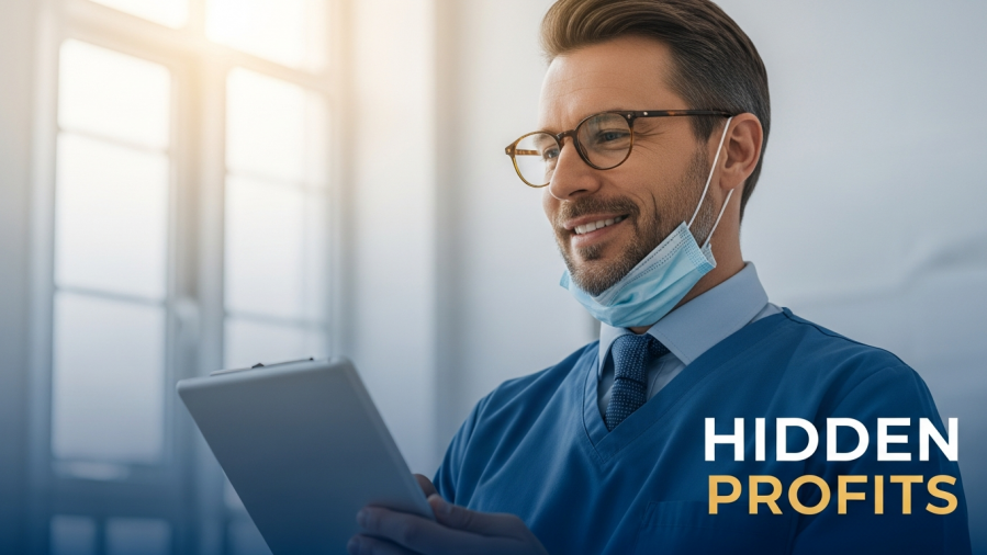 Confident dentist analyzing financial management insights for improved dental practice profitability.