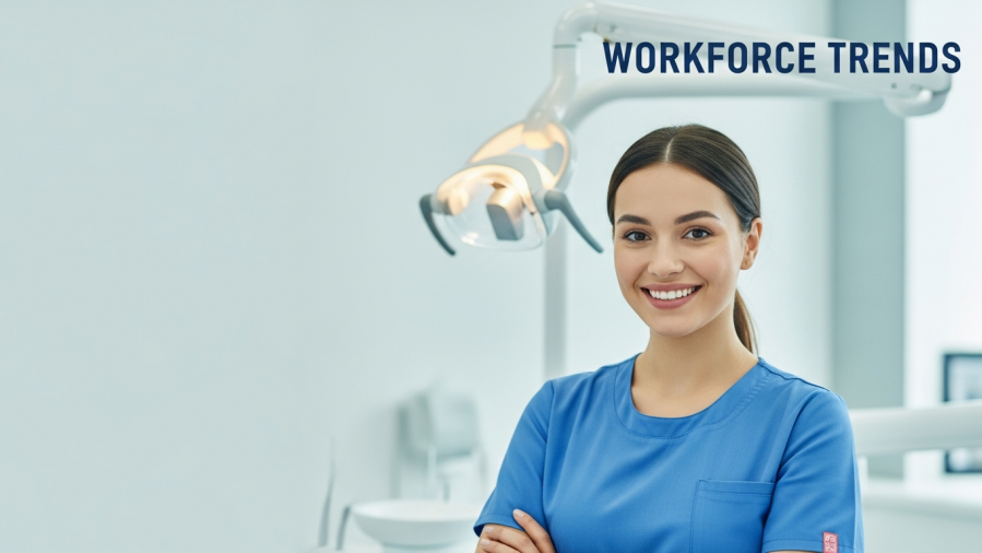 Young dental assistant in scrubs showcasing dental career trends in a modern clinic.
