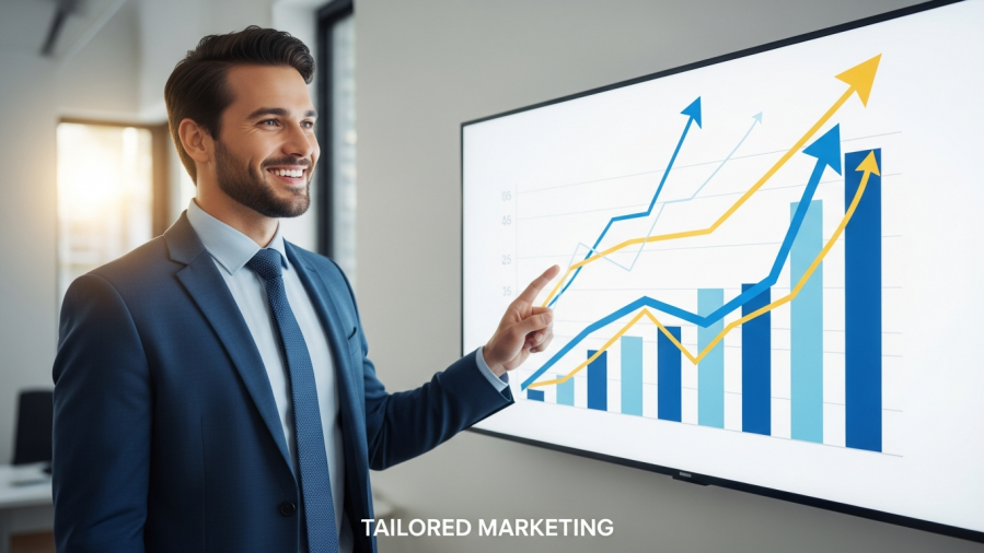 Confident marketing professional displays growth charts, showcasing dental marketing strategies.