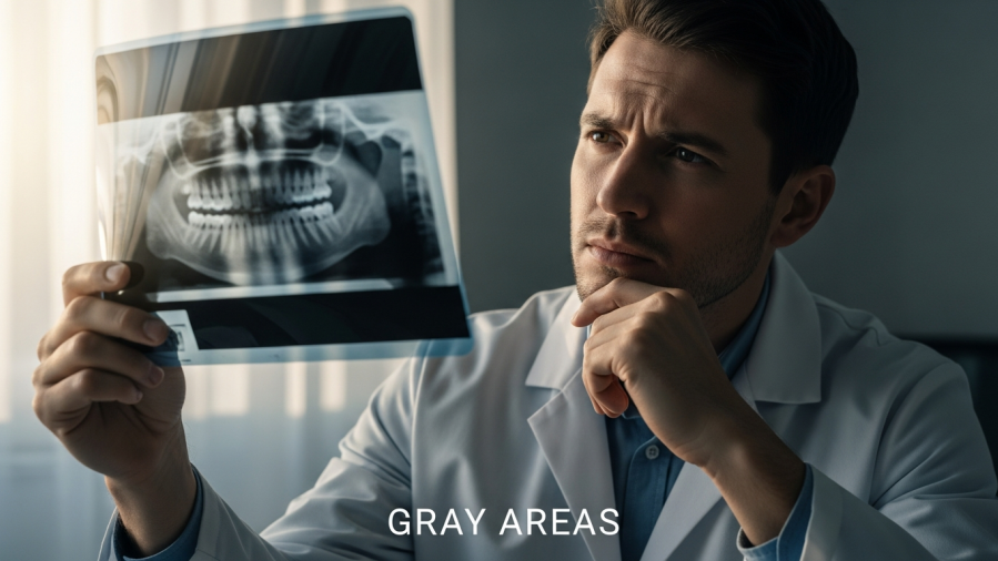 Thoughtful dentist analyzing X-rays, emphasizing patient engagement in dental care.
