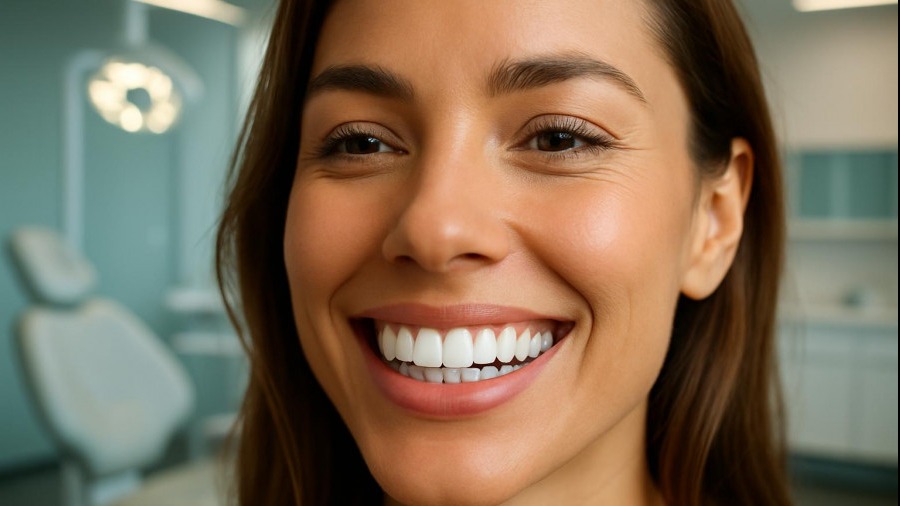 Smiling woman with perfect white teeth, showcasing No-Prep Veneers in a modern dental clinic.